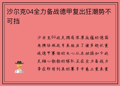 沙尔克04全力备战德甲复出狂潮势不可挡