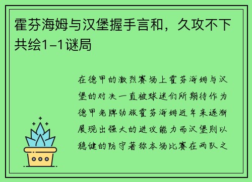 霍芬海姆与汉堡握手言和，久攻不下共绘1-1谜局